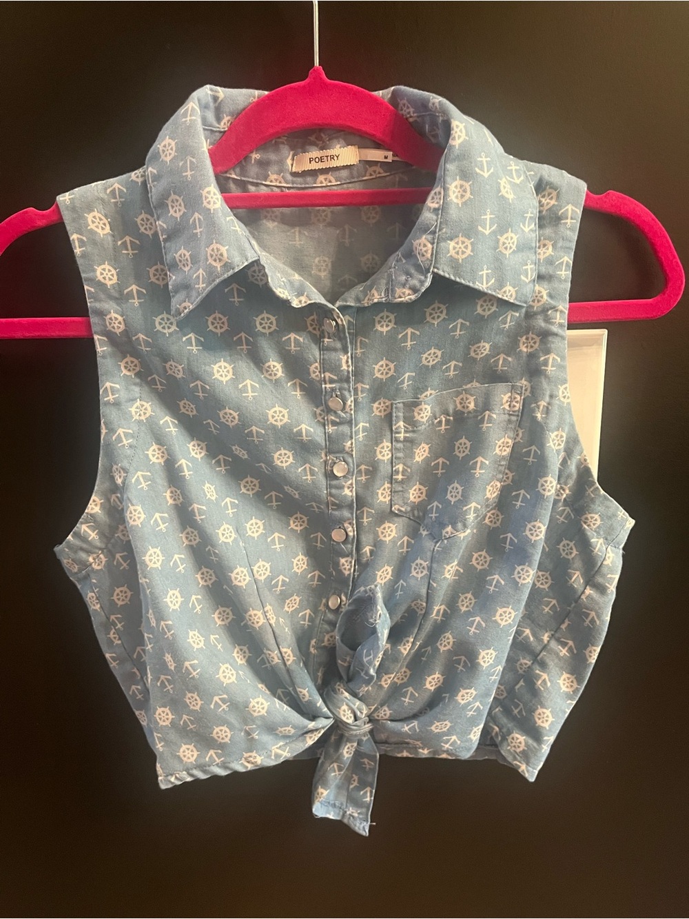 Poetry Blue Nautical Print Tie-Front Sleeveless Top